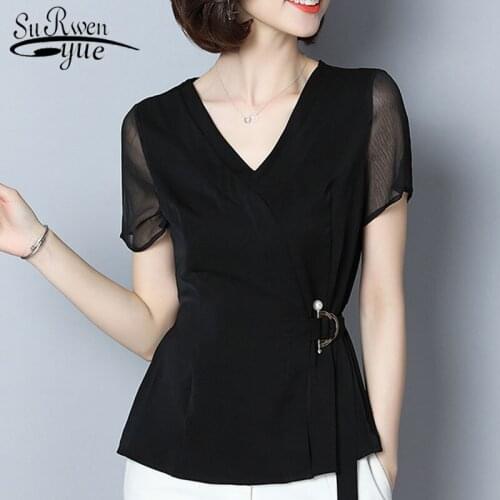 2021 Black Shirts Blouses Plus Size Women Ladies Tops Women Blouse and Tops Sequined Chiffon Blouse Solid V-Neck Blusas 2882 50