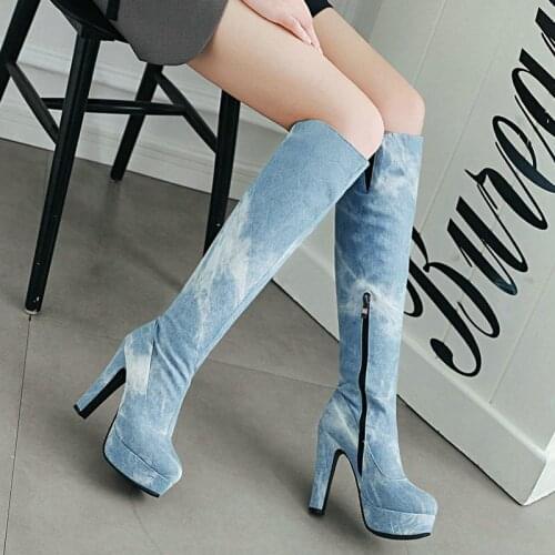 New Style Denim Ladies Fashion Boots Super High Heel Platform Autumn Winter Stitching Knee High Boots Zipper Large Size shoes