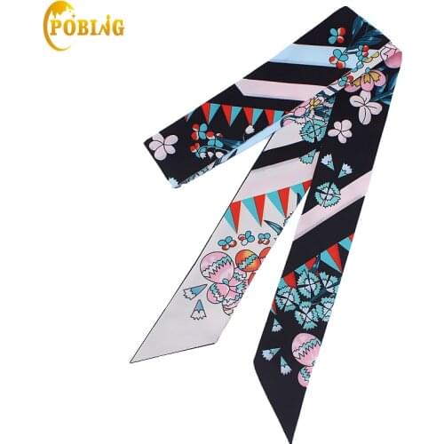 POBING Floral Print Women Small Silk Scarf Luxury Brand Bag Ribbons Fashion Head Scarf Hot Sale Long Scarves 120*5CM