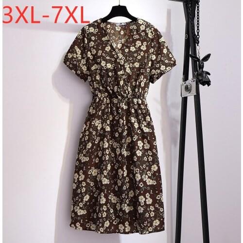 New 2021 summer plus size dress for women large loose casual black floral print flower chiffon V neck dresses 4XL 5XL 6XL 7XL