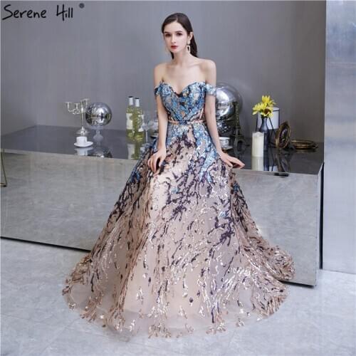 Gold Blue Sequins A-Line Off Shoulder Prom Dresses 2020 Sleeveless Sparkle Formal Gown Serene Hill BLA70373