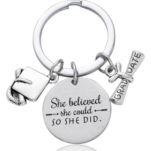 12PC She Believed She Could So She Did Keyring Stainless Steel Charm Pendant Keychain Women Girl Inspirational Gifts Jewelry Hot