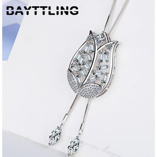 BAYTTLING 925 Sterling Silver AAA Zircon Flower Pendant Long Necklace For Woman Fashion Charm Wedding Jewelry Gift