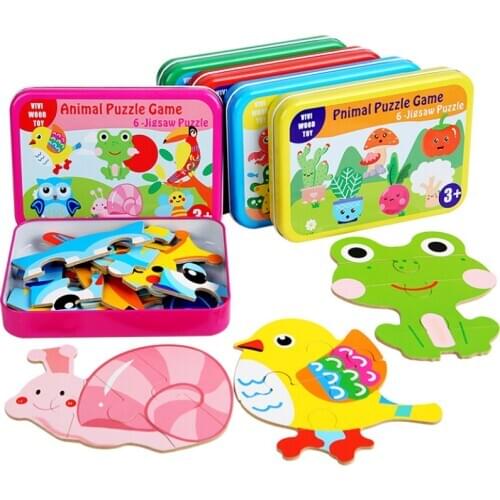 Kids Creative Wooden Puzzle Iron Box Kindergarten Baby Early Education Cartoon Animal Traffic Puzzle Cognitive Interactive Game