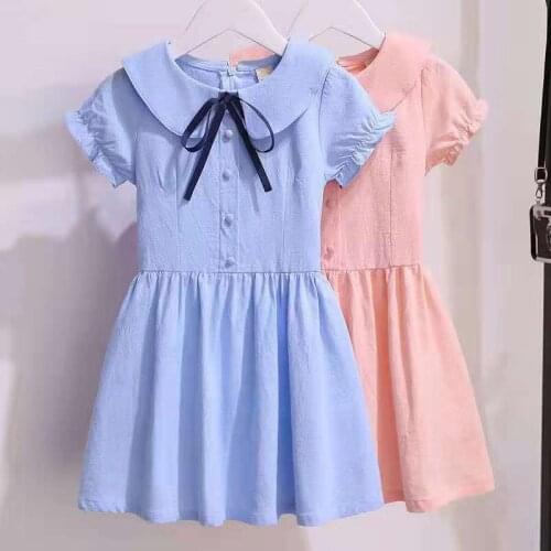Kids Cotton Dresses for Teen Girls Vestidos Summer Dress 2021 Children Short Sleeved Dress Princess Blue Pink