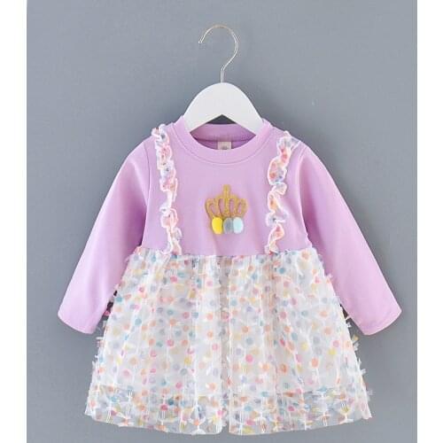 Baby Girls Dresses Kids Long Sleeve Autumn Clothes Crown Splicing Dot Mesh Sweet Party Princess Dress Children Outfits Clothes