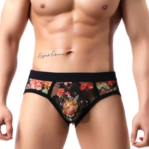 Men Underwear Sexy Low Rise Briefs Lace Floral Pattern Thong Bulge Pouch Breathable Panties Comfortable Underpants See Through