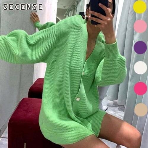 Womens Knitted Cardigan Long Sleeve Crop Top Loose Ladies Coat Female Button Knitwear Sweaters Autumn Winter 2021 SECENSE