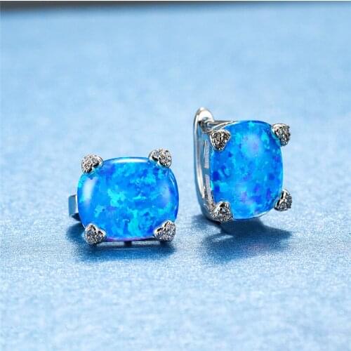 Classic Oval Stone Small Stud Earrings Vintage Female White Blue Opal Earrings Fashion Silver Color Wedding Earrings For Women