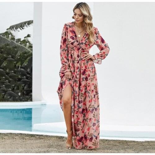 Summer Women Dress Full Sleeve Puff Ruffles Sexy V-Neck Casual Long Dresses Autumn Female Vestido Beach Style Party Robe C3001