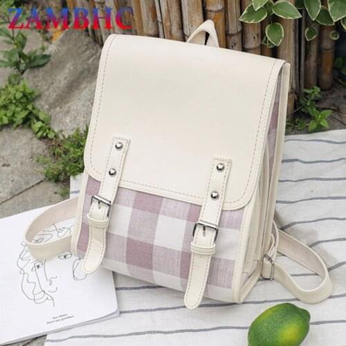 Cute Womens Backpack Cotton and Pu Leather Backpacks for School Teenager Girls Fashion Plaid Lady Bookbag College Style Mochila