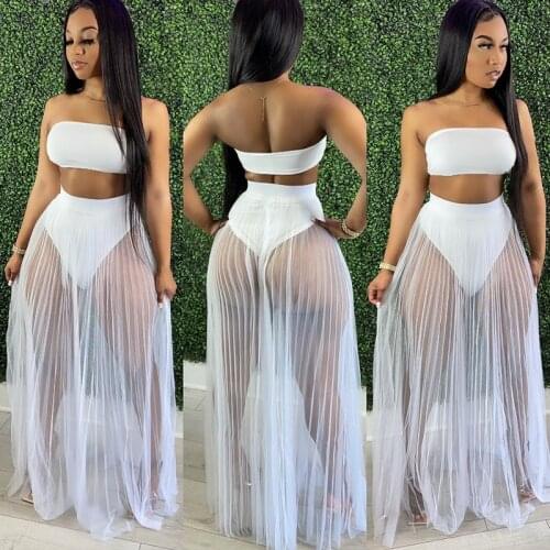 Fashion Three Piece Set Women Breast Wrapped Mesh Skirt Set Nightclub Sexy Swimsuit Style Bulk Item In Wholesale Lots