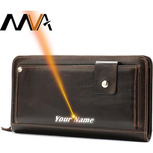 MVA Cow Leather Clutch Wallets Zipper Long Wallets For Men RFID Blocking Male Wallet Vintage Wallet Card Holder Coin Purse 9019