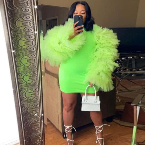 Neon Green Evening Dresses Sheath abendkleider Stretchy Mini Short Party Gowns Ruffle Sleeve Above Knee Robe De Cocktail