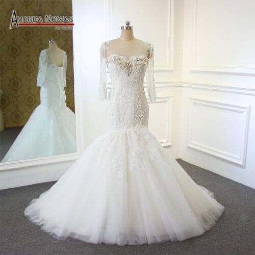 New Design Long Sleeve Beaded Neckline Lace Mermaid Real Amanda Novias Wedding Dress 2019 vestido de noiva