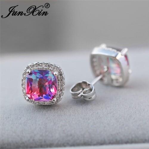 Charm Rainbow Fire Crystal Square Ear Stud Earrings For Women White Gold Rose Gold Colorful Purple Red Zircon Wedding Earrings