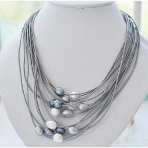 Natural Hot sale wholesale >>15 Rows 10-13mm Real White Black Gray Freshwater Pearl Necklace Leather Cord Magnet Clasp