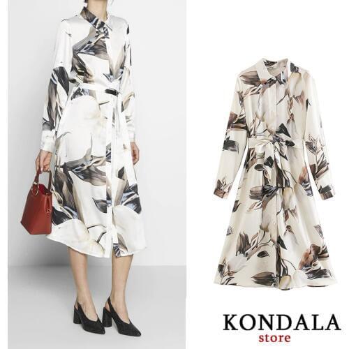 Women Dress Vintage Floral Print Sashes Mid-Calf Dress Long Sleeve A-line Slim Dresses Female Elegant Vestidos Mujer