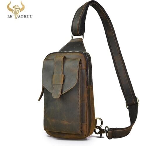 Luxury Brand Mens Crazy Horse Leather vintage Triangle Waist Chest Pack Bag Travel Design Sling Crossbody Bag Daypack XB571