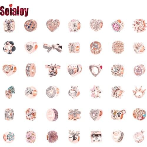 Seialoy Rose Gold Heart Beads Charm Fit Bracelet & Necklace For Women Snake Bone Bracelet & Bangle Accessory Beaded BD2001-2040