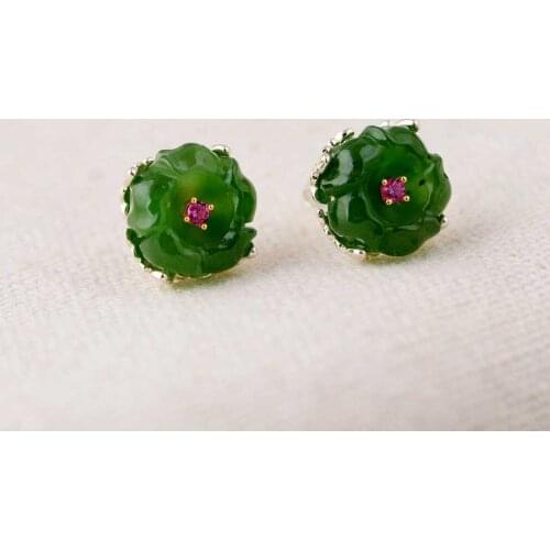FNJ Heitan Jade Stud Earrings 925 Silver New Fine 100% Pure S925 Sterling Silver Earring for Women Jewelry FLower