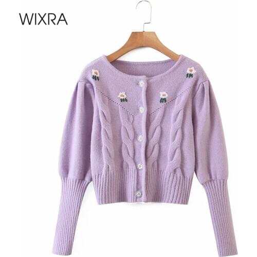 Wixra Elegant Full Puff Sleeve Soft Cardigans Womens New Single-Breasted Female Floral Print Knitted Autumn Coats