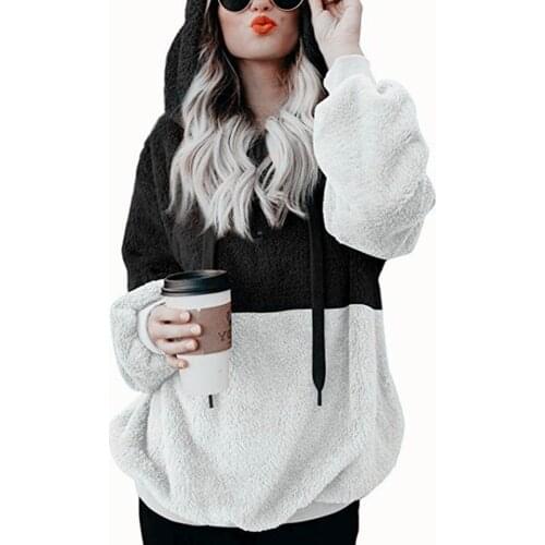 Women Casual Plush Hoodies Zipper Patchwork Hooded Drawstring Sweatshirt Autumn Winter Lady Hooded Warm Loose Tops Plus Size 5XL