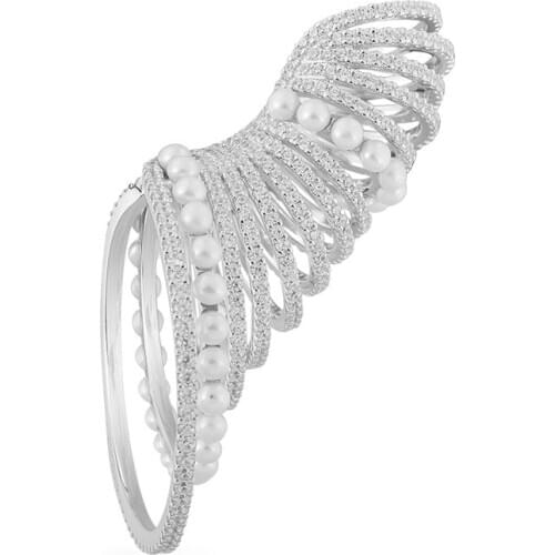 SLJELY Luxury S925 Sterling Silver Big White Multi Hoop Ear Cuff with Pearls Zirconia Circles Clip Earring 1pc for Women Jewelry