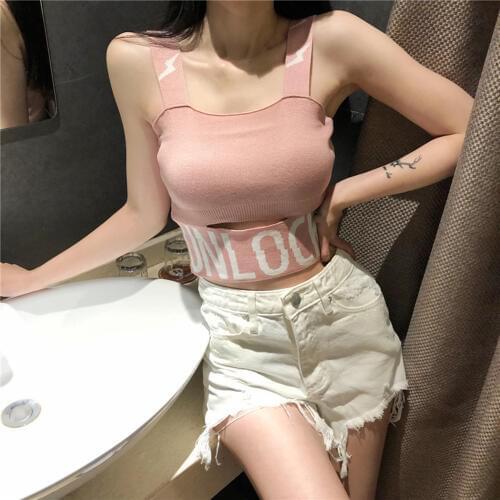 Retro Slim Kinit Vest Strap Female Tank Tops Summer Sling Korean Sexy Sleeveless Casual Solid Color Girls Letter Hollow Cotton