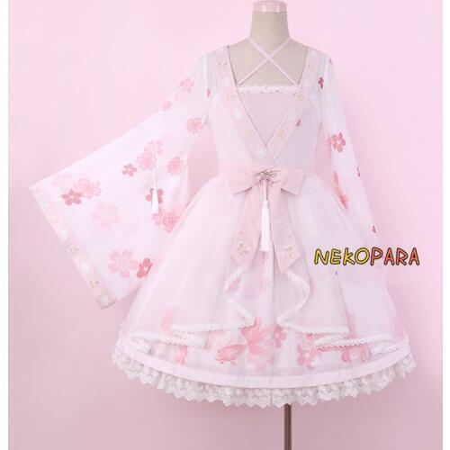 Goldfish Princess Hime Chinese Hnafu Style Lolita Dress Long Sleeve Bow Fake 2PCS Organza Fairy Kei Pink One Piecec Cute
