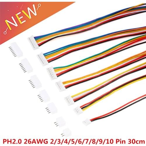 20PCS=10Sets Micro Mini JST 2.0 PH Connector Male Female 2/3/4/5/6/7/8/9/10-Pin Plug With Wires Cables Socket 300MM 26AWG New