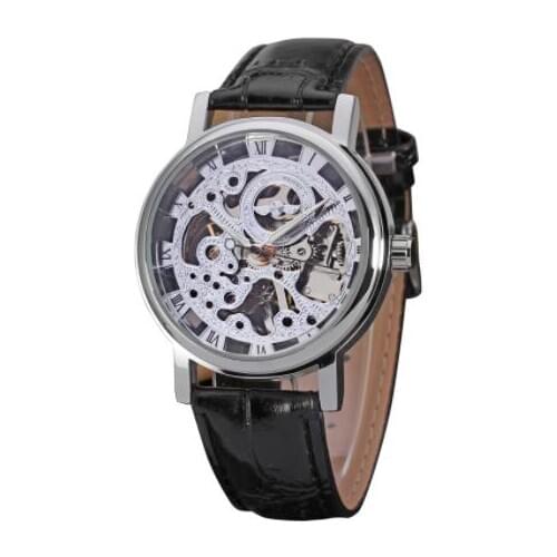 2019 Fashion Transparent Gold Luxury Casual Genuine Brown Leather WINNER Top Brand Mens Watches Luxury Mechanical Skeleton Clock