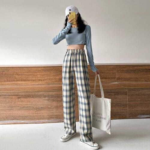 2021 Summer Spring Women High Waist Wide Leg Trousers Vintage Plaid Print Pants Casual Korean Elastic Waist Loose Pants
