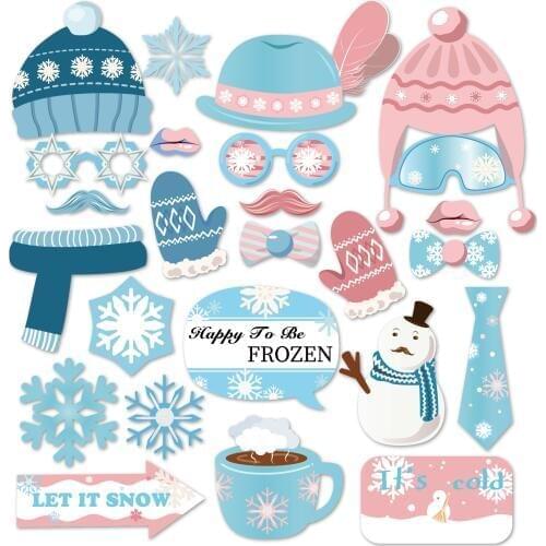 25pcs Pink Blue Winter Snow Photobooth Props Merry Christmas Theme Party Decorations DIY Mr Mrs Photobooth Party Favors Supplies