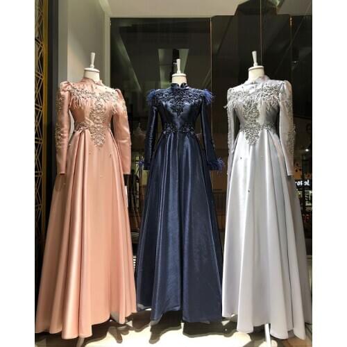 Satin Appliques Feather Long Sleeve Muslim Prom Dress 2021 A Line Saudi Arabic Evening Formal Party Gowns платье robe de soirée