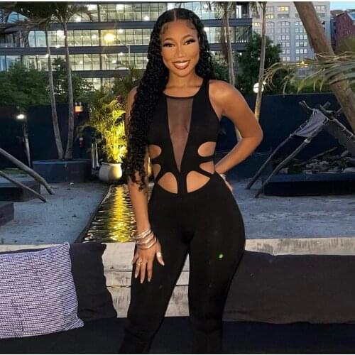 BKLD One Piece Outfit Women Summer New Style Solid Color Sleeveless High Waist Hollow Out Sexy Mesh Patchwork Bodycon Jumpsuit