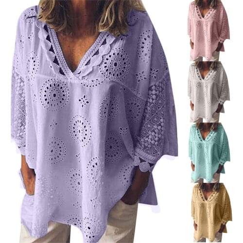 Solid Lace Shirts Hollow Out Blouse Women Half Sleeve Shirts Office Lady Shirt Blouses V-neck Elegant Fashion Blouses Blusas