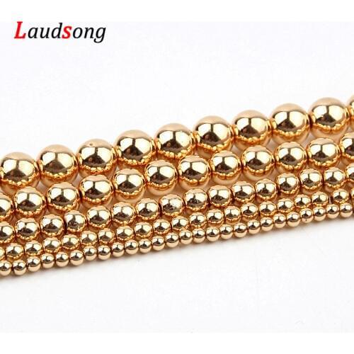 Natural Stone Beads Light Gold Hematite Charm Smooth Spacer Loose Beads For Jewelry Making DIY Bracelet 3/4/6/8/10mm