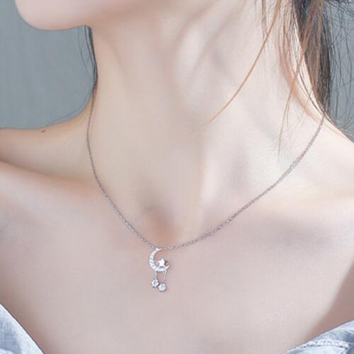New Simple Fashion Moon Star Clavicle Chain Necklaces 925 Sterling Silver Micro Zircon Tassel Pendant Necklace For Women Jewelry
