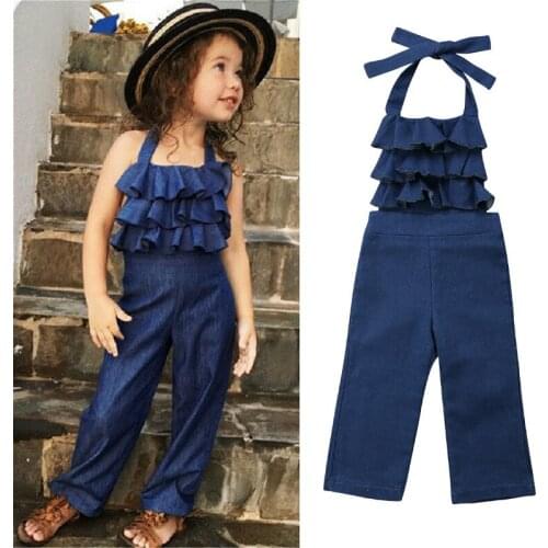 Kids Suspender Pants Overalls Baby Girls Casual Loose Backelss Denim Flare Long Pants 2021 Summer Toddler Baby Clothes 1-6Y