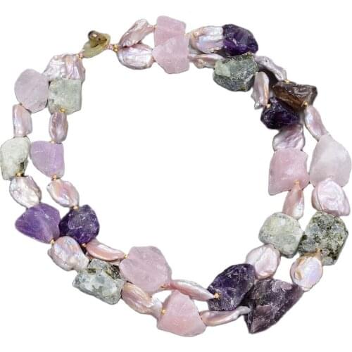 GG Jewelry 19" 2 Strands Pink Coin Pearl Multi Rough Gemstone Necklace