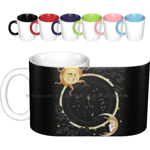 The North Star Ceramic Mugs Coffee Cups Milk Tea Moon Univers Solis Luna Night Black Flower Constelation Zodiac Creative