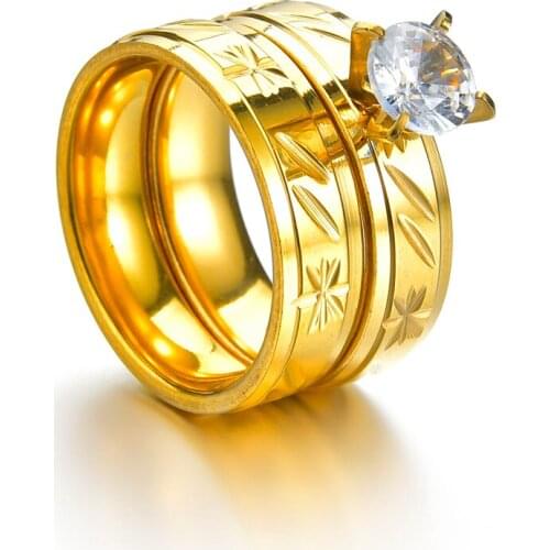 Stainless Steel Charm White Zircon Gold Lovers Crystal Ring Jewelry for Men Women Wedding Engagement Couples Rings Band 2pcs/Set