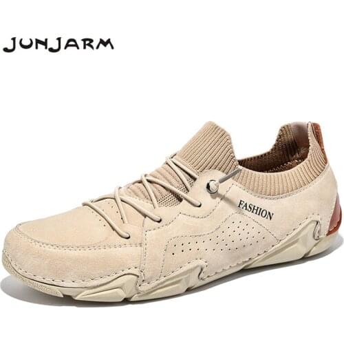 JUNJARM New Men Casual Pig Suede Leather Fashion Men Sneakers Handsome Breathable Mens Loafers Brand Boat Shoes Big Size 38-48