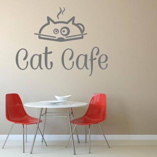 Cartoon Cat Cafe Silhouette Wall Sticker Vinyl Decal For Cat Cafe Coffee Shop Wall Art Decoration A001470