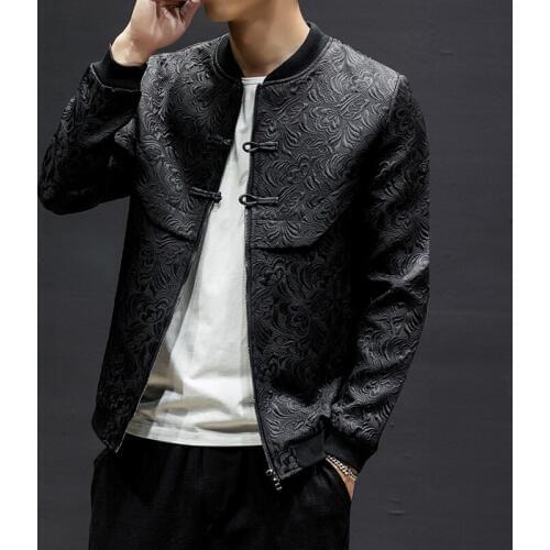 Mens Casual Floral Printing Button Zipper Chinese Style Coat Jacket Long Sleeve