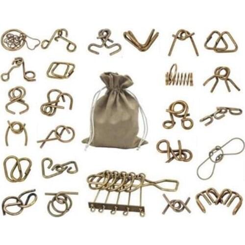 25PCS Set Intelligence Metal Wire Puzzle Bronze Color Baffling Puzzles Game Toys for Children Adults