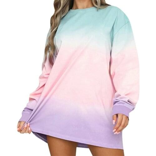 NEW Long Sleeve Dress Tie-dye Natural Regular Printed Round Neck Loose Full Above Knee Mini O-neck Straight Casual Pullovers