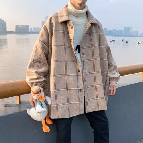 New Plaid Coat Men Fashion Retro Casual Woolen Jacket Men Streetwear Wild Loose Overcoat Male Clothes M-2XL