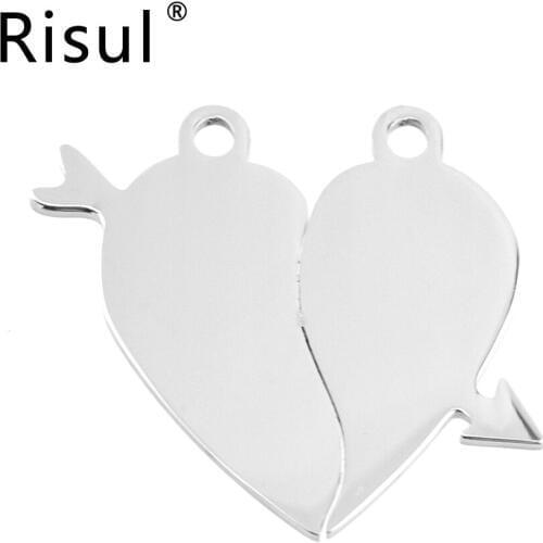 Risul Lovers Charms Split Heart Arrow Pendants half pendant for engrave print Mirror polish Stainless steel wholesale 50pcs